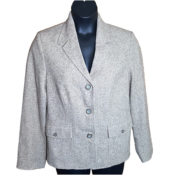 LL Bean Blazer 3 Button Jacket Women's Large Wool Lined Silk Blend Herringbone - Picture 15 of 16